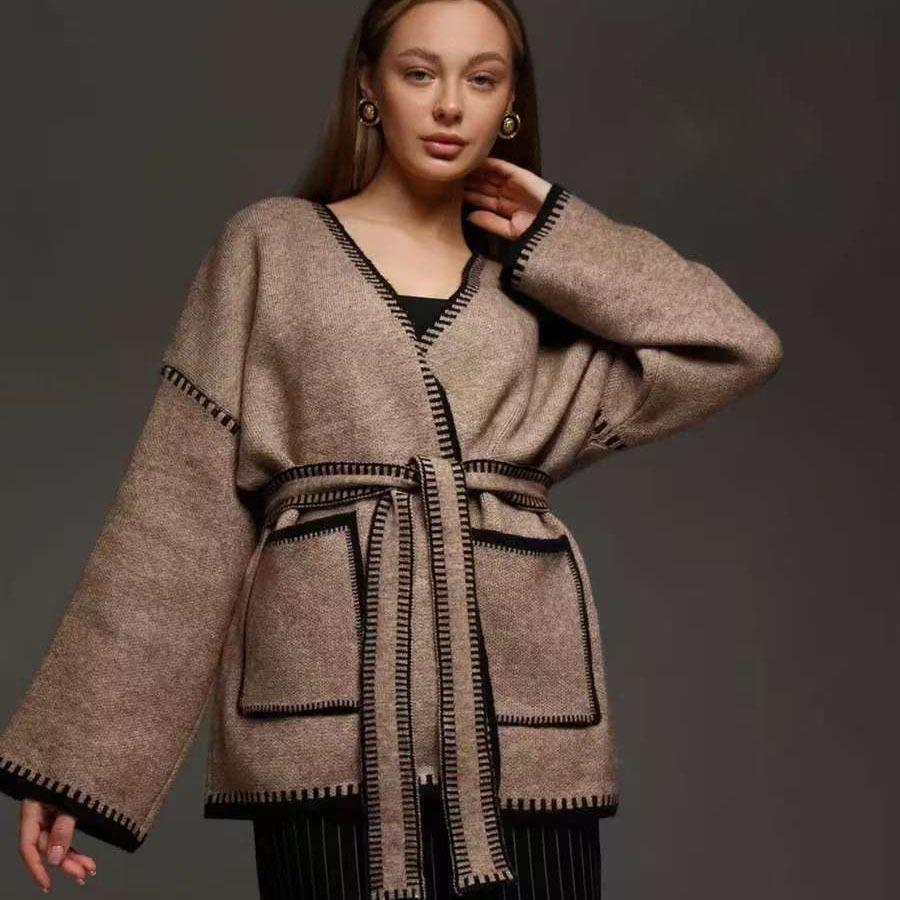 

Knitted Open-Front Cardigan Sweater Spring New Style Loose Color Block Long Sleeve Wool Coat XXL верблюд
