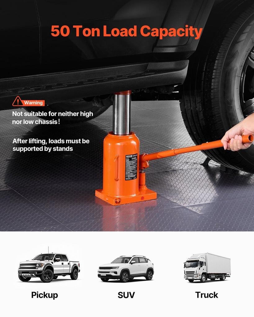 Hydraulic Bottle Jack 50 Ton Manual High Lift Automotive Car Repair Shop