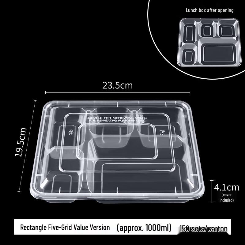 Disposable 5-Compartment Transparent Food Containers