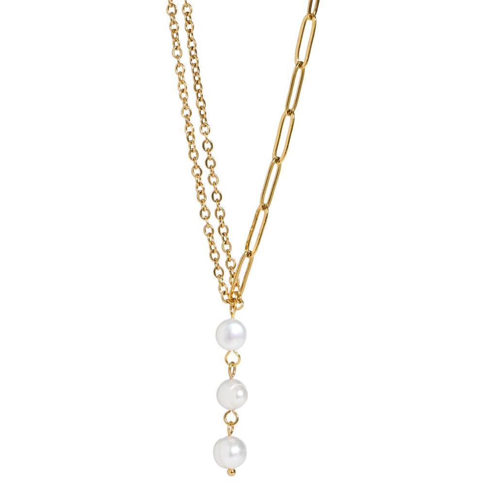 Elegant Y-shaped Gold Plated Natural Pearl Necklace, Stainless Steel, Colorfast, Fashionable and Versatile Clavicle Chain