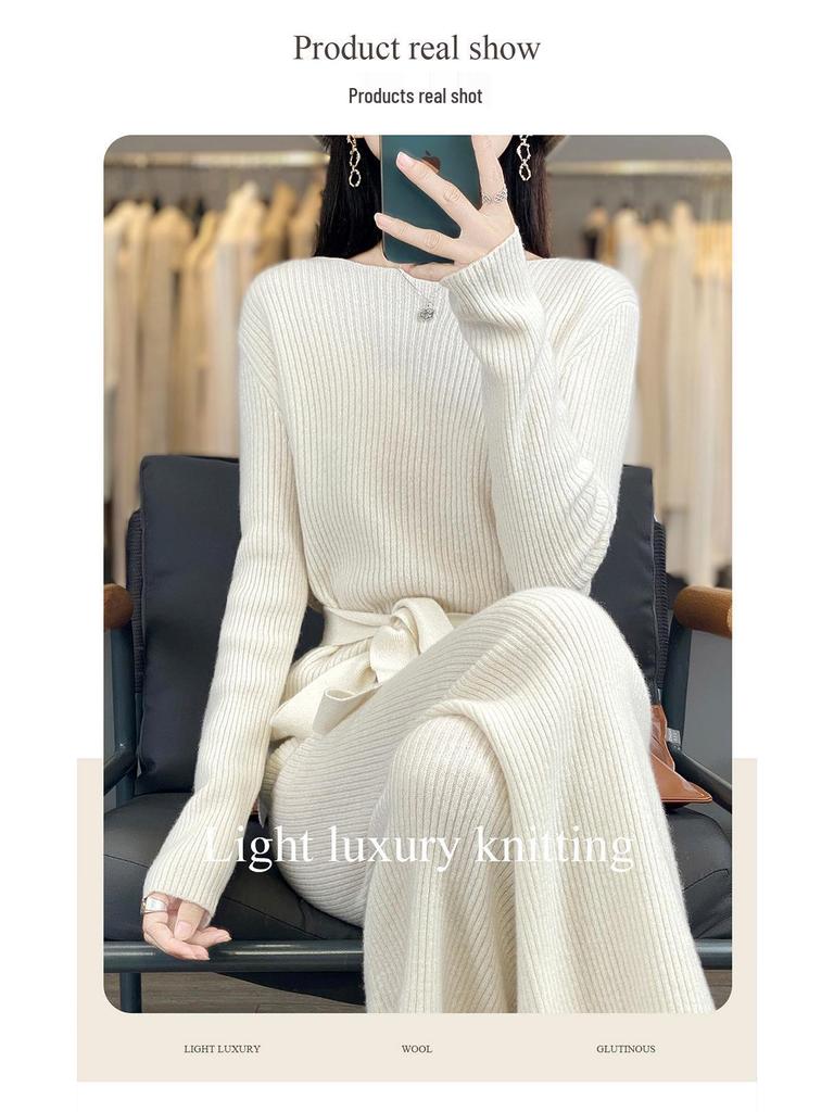 Chic Autumn/Winter Cashmere Two-Piece Set: Women's Loose Knit Sweater & Wide-Leg Tie-Waist Pants