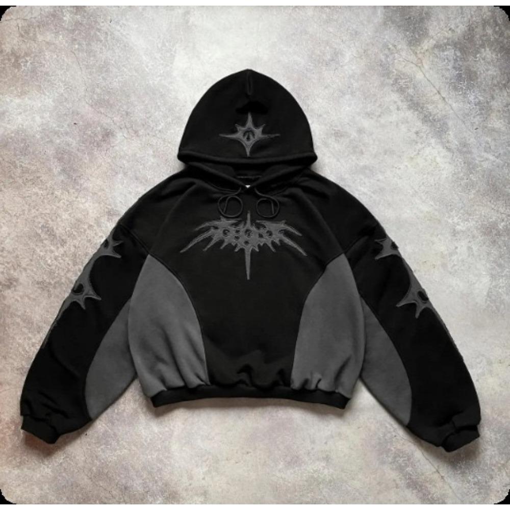 RogueWave Fashion Streetwear Vintage Black Star Patchwork Hoodie Oversized Embroidered Pullover Sweatshirt Gothic Y2k Men Women Clothing