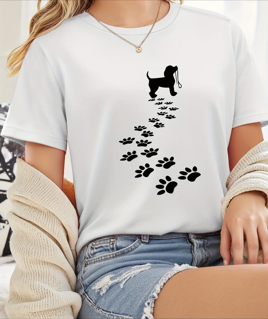 Womens Light Yellow Casual Short Sleeve TShirt Dog Paw Print Graphic Tee Round Neck for Summer Apparel Tshirt Playful Design