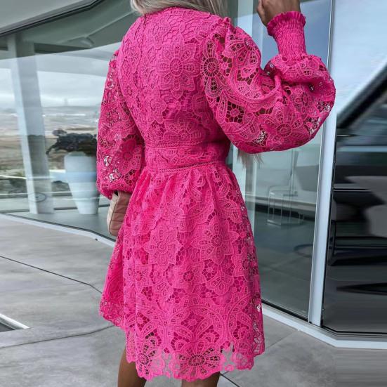 Women Fall Dress Lace Hollow Out A-line Loose Hem V Neck Long Sleeve