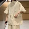 2 unids/set traje informal unisex con capucha y cordón camiseta de manga corta cintura con cordón elástico pantalones cortos de pierna ancha conjunto de color sólido traje holgado