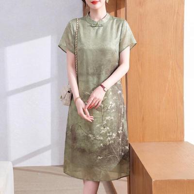 Xuexi Mid-Aged Women's Summer Chiffon Qipao Dress