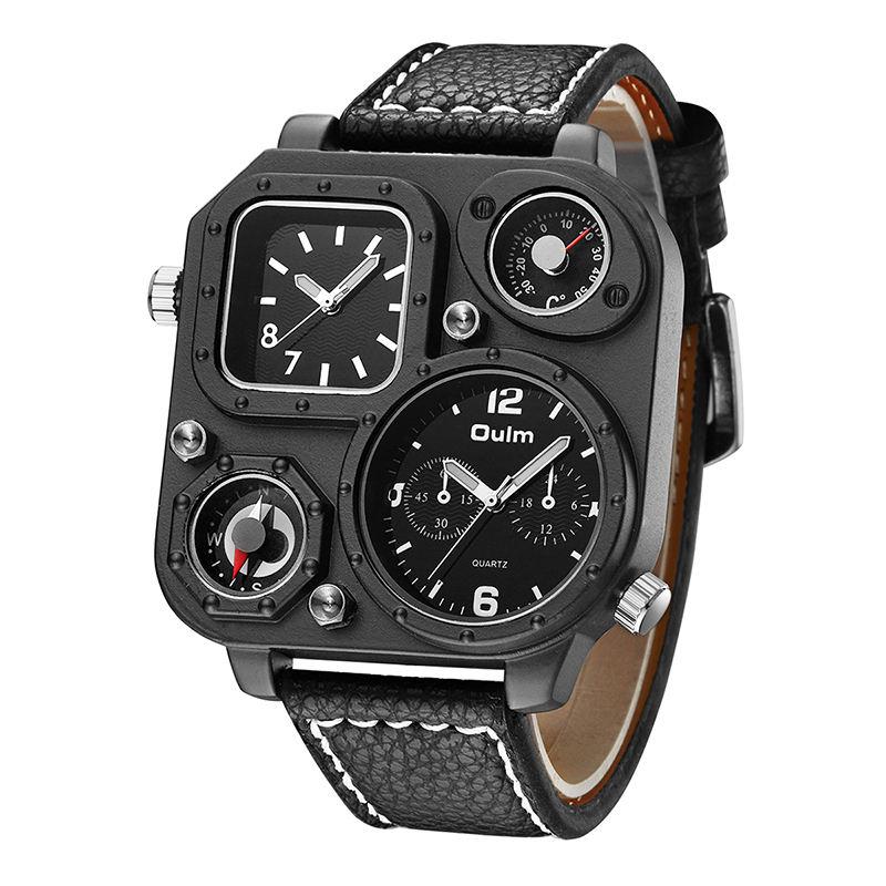 Top-tier Luxury Men's Watch, square Dial, Compass, Thermometer Design, Dual-time Quartz Vintage Sports Leather Watch
