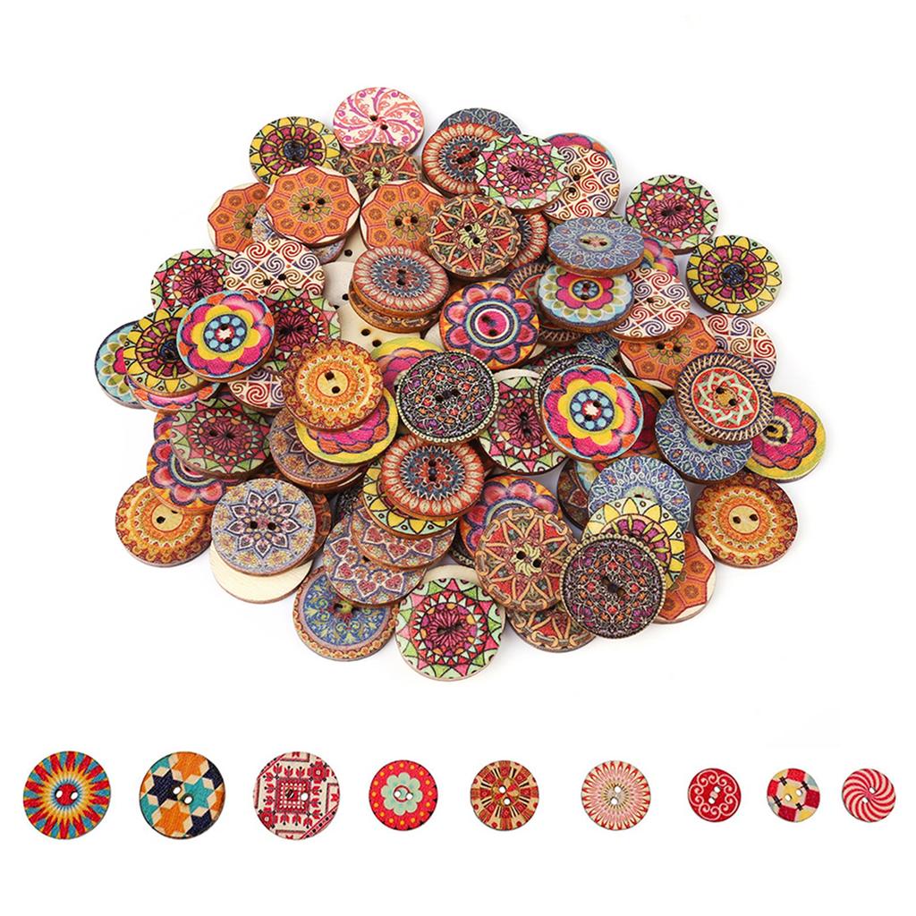 100 Pcs Mixed Pattern Vintage Wood Buttons with 2 Holes for DIY Sewing Craft Decorative 25mm