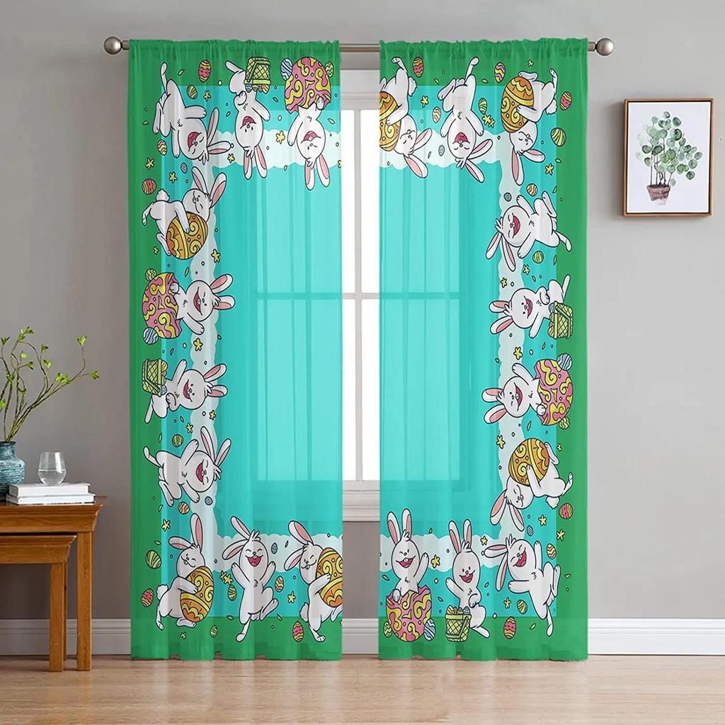 Sheer Easter Window Curtains Bedroom Living Room Egg Bunny Spring Flower Chiffon Voile Drapes Curtain Made Of Polyester Washable Sitting Ready