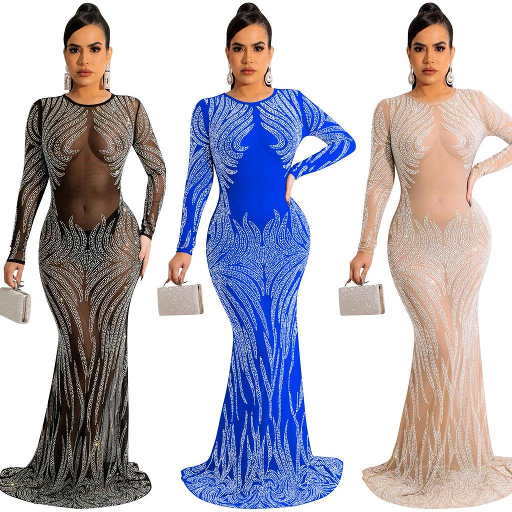Rhinestone Mesh See-through Long Sleeve Nightclub Dress
