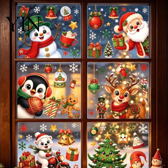 Winter Seasonal Room Decor 6Pcs Christmas Window Cling, Santa Snowman Penguin Reindeer Static Glass Cute Cartoon Adhesives Decals for Storefront,