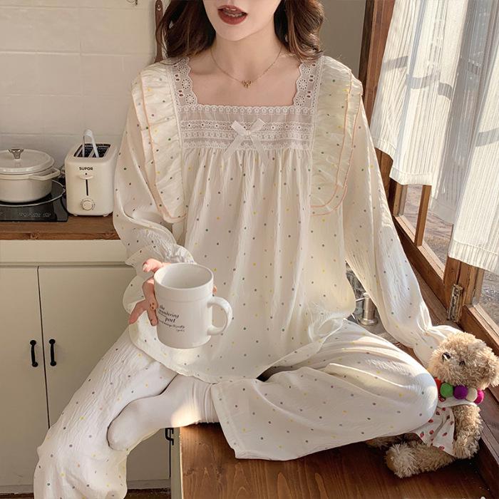 Sweet Polka Dot Lace Trim Princess Pajama Set for Women - Long Sleeve