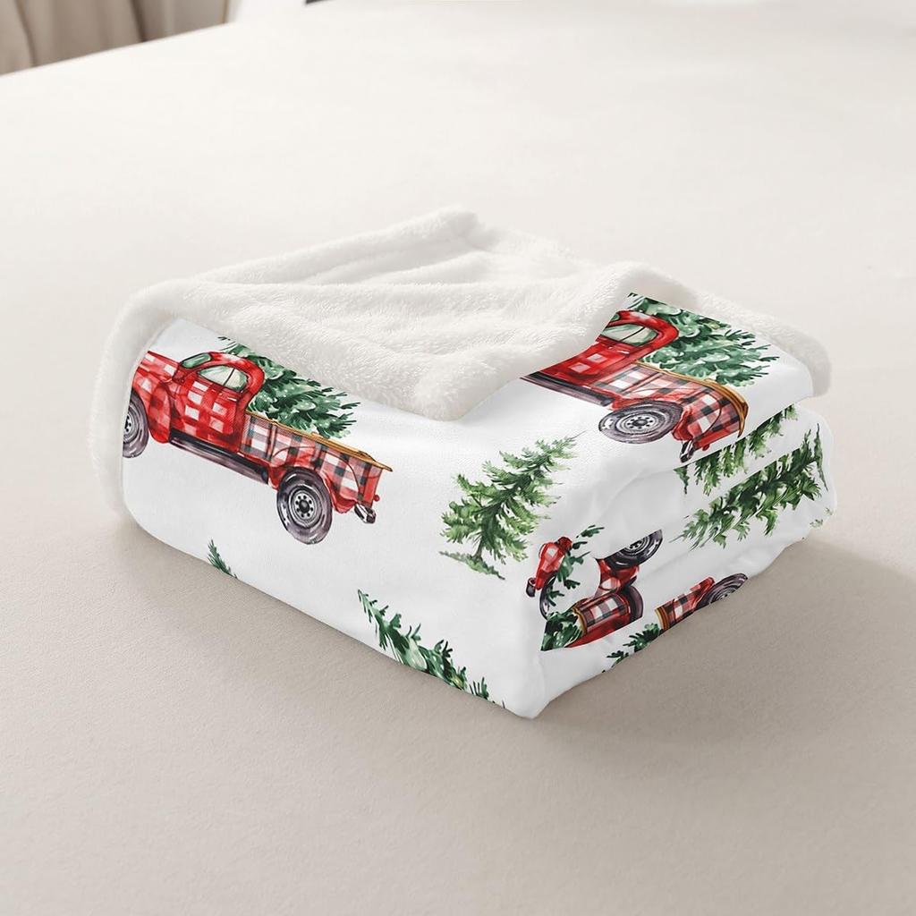 Castle Fairy Christmas Red Truck Throw Blanket Watercolor Green Pine Trees Fleece Blanket for Kids Teens Adults Xmas Farmhouse