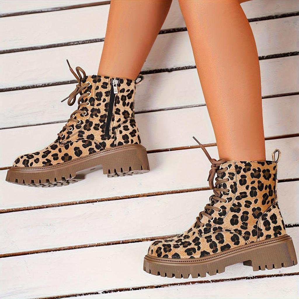 Damenstiefel mit Leopardenmuster, bequeme flache Stiefel mit seitlichem Reißverschluss und dicker Sohle, kurze Winterstiefel mit runder Zehenpartie