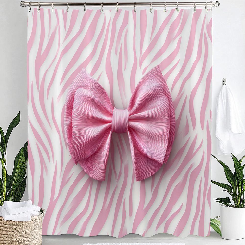 

1Pc Romantic Pink Bow Print Waterproof Shower Partition Privacy Hanging Curtain With 12 Hooks Multiple Size Machine Washable W60H190(CM)-1 Pcs