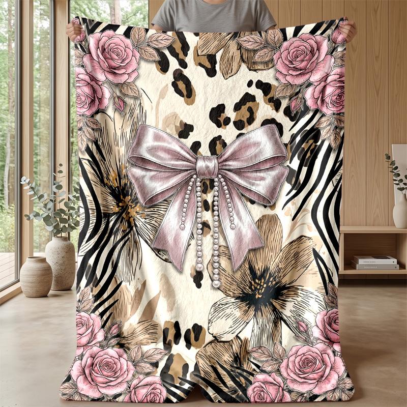 Floral Leopard Ribbon Theme Blanket Lightweight Warm Flannel Blanket Decorative Throw Blanket for Home Decoration