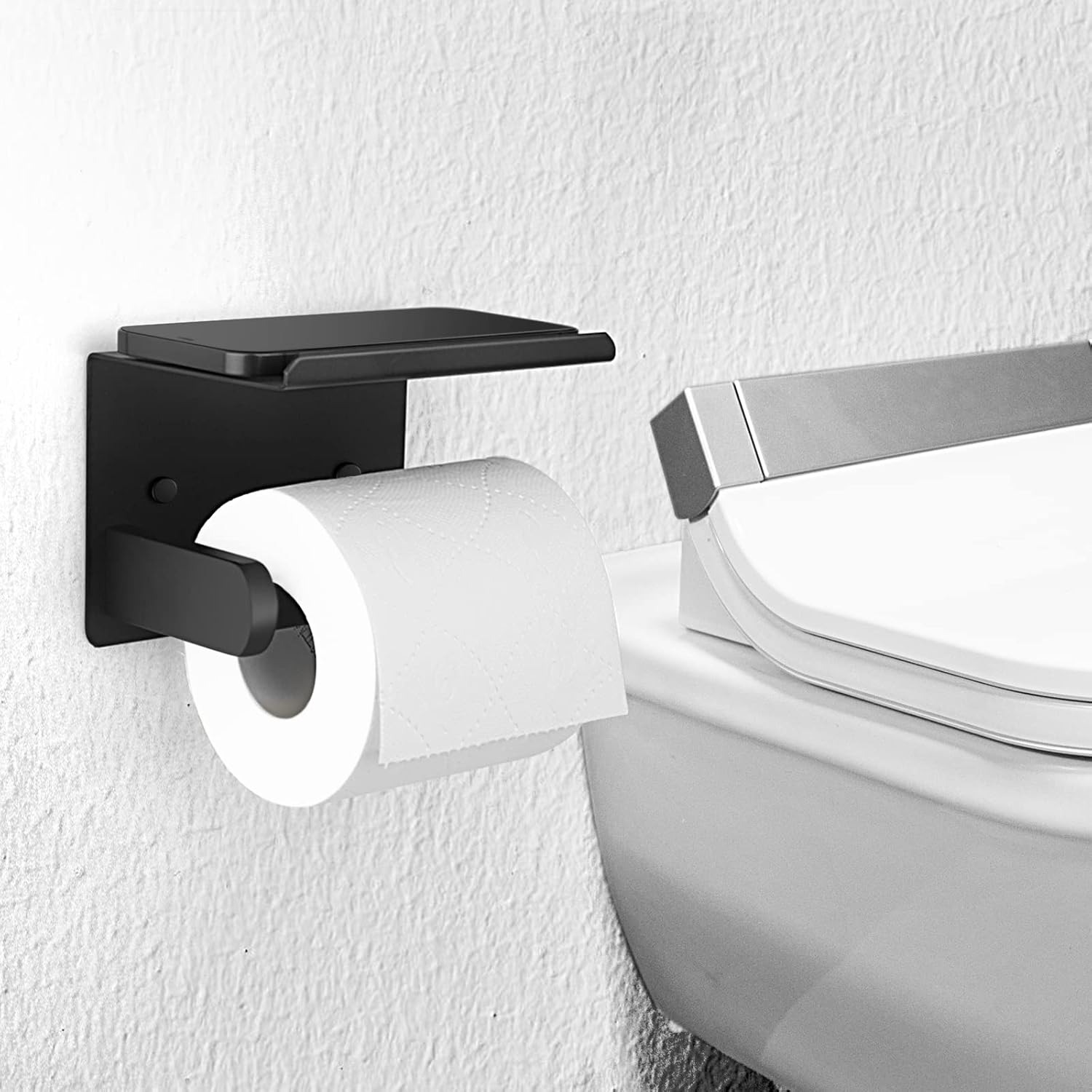 Toilet Paper Holder,Matte Black Toilet Paper Holders with Shelf,Screw or Self Adhesive Toilet Paper Holders Wall Mount,SUS304 Bathroom Toilet Papers