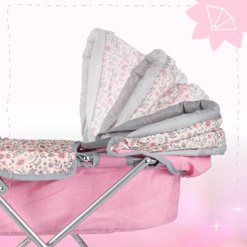 Pink Flowers Foldable Doll Pram Gondola Stroller With Bag