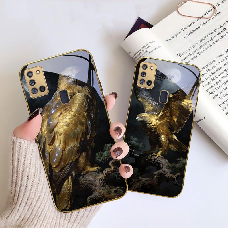 Aquila dorata con ali per Samsung A 31 32 A33 A34 35 14 A15 13 A16 25 26 50 52 53 54 55 56 70 71 72 73 Cover per telefono in vetro dorato