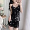Internet celebrity pure sex summer suspender shorts set ice silk nightgown sexy silver butterfly thin simulation silk spring and autumn pajamas