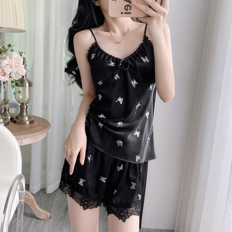 Internet celebrity pure sex summer suspender shorts set ice silk nightgown sexy silver butterfly thin simulation silk spring and autumn pajamas