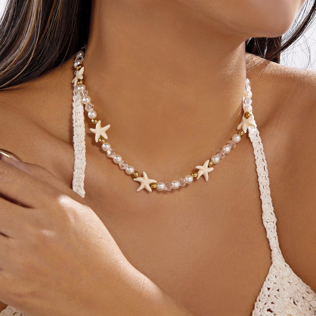 Summer explosion natural gravel necklace female bohemian color rice beads imitation shell starfish card neck chain