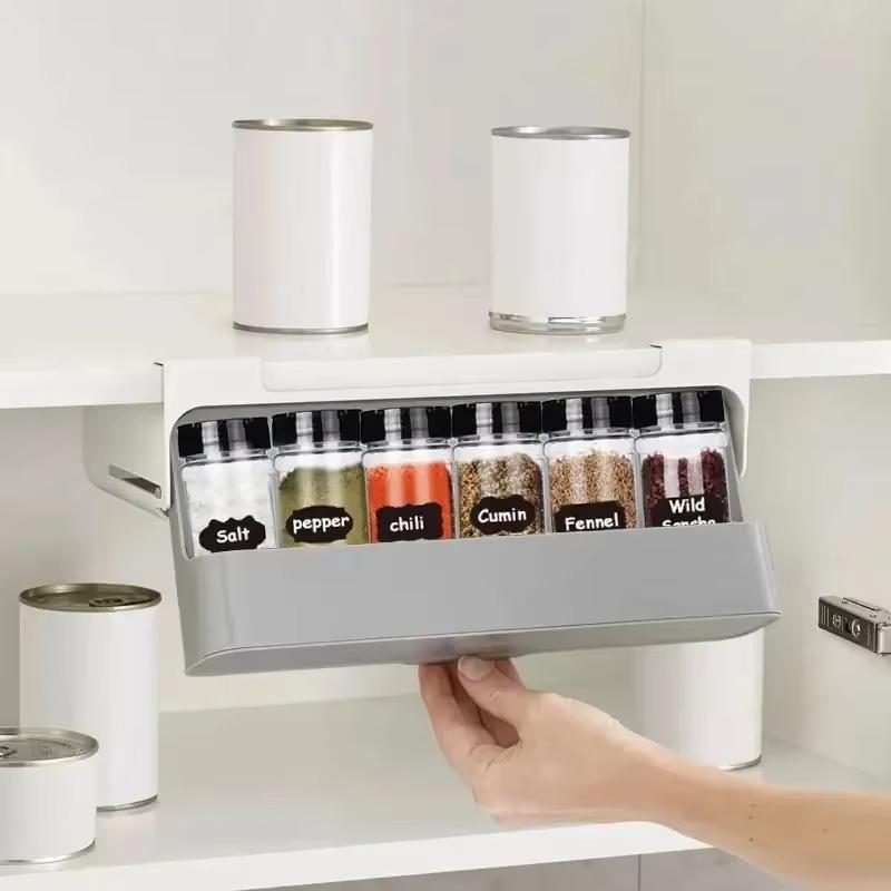 1pc Plastic Seasoning Bottle Storage Rack Punch-free Adjustable Seasoning Box Salt Sugar Seasoning Jar Set Kitchen Organizer