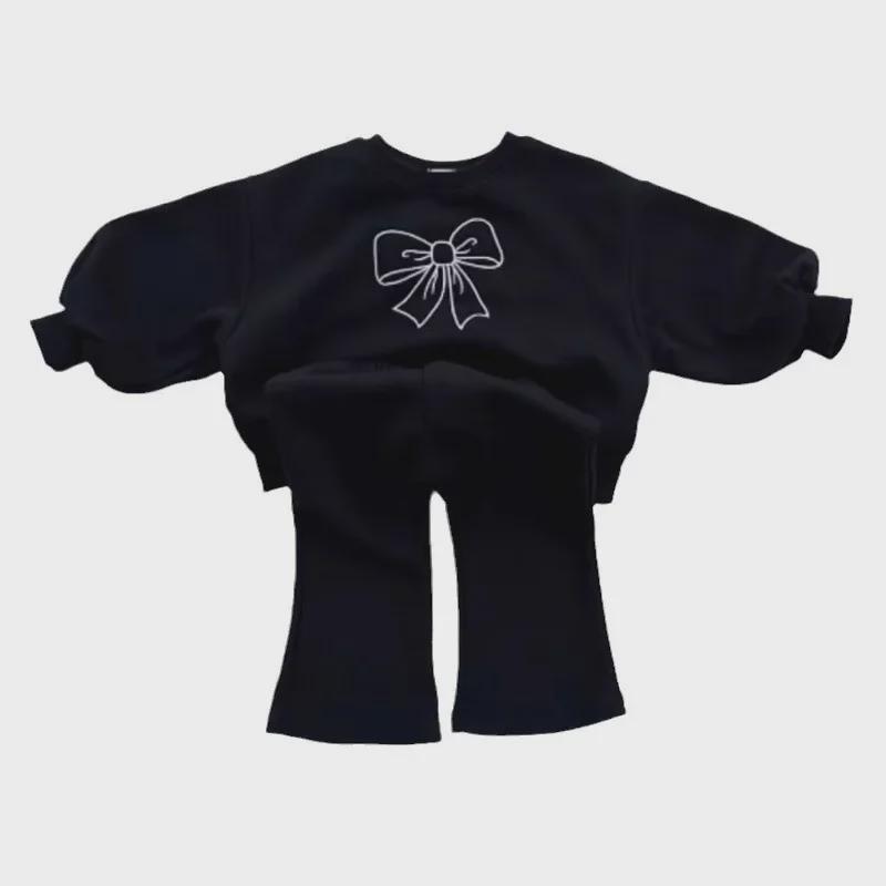 Girls' Cute Bow Two-Piece: Loose Sweater and Slim Flared Pants Set for Spring and Autumn