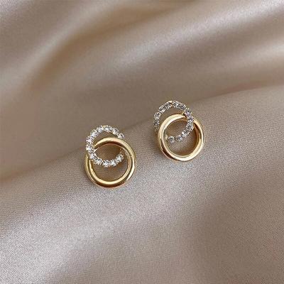 Korean Simple Double Circle Gold Color Metal Crystal Stud Earrings For Women Fashion Exquisite Jewelry Best Friend Gifts