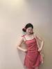 [Spot] Sweet and cool lace-up stacked skirt fat MM summer new red plaid suspender dress solid color short