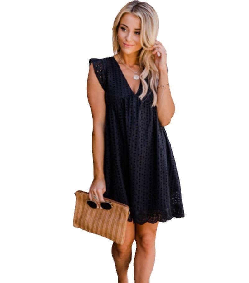 Summer Women's Temperament, Casual and Sexy Commuting Solid Color Lace Jacquard Hollow V-neck Dress