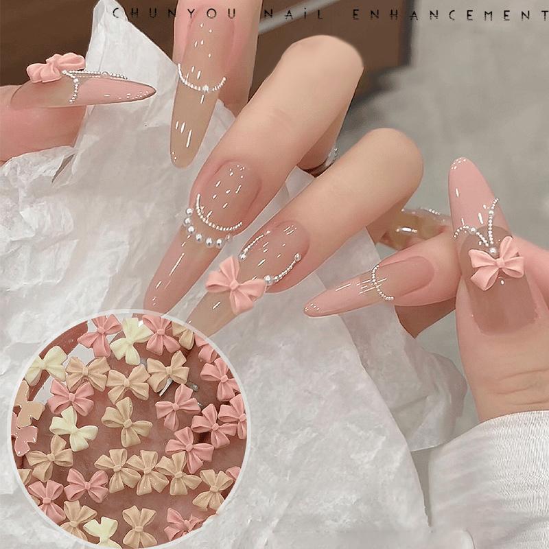 100Pcs Mix Cream Style Bowknot Nail Charms 3D Aurora Bow Flat-Back Gems Parts Nail Art Manicure Decorations