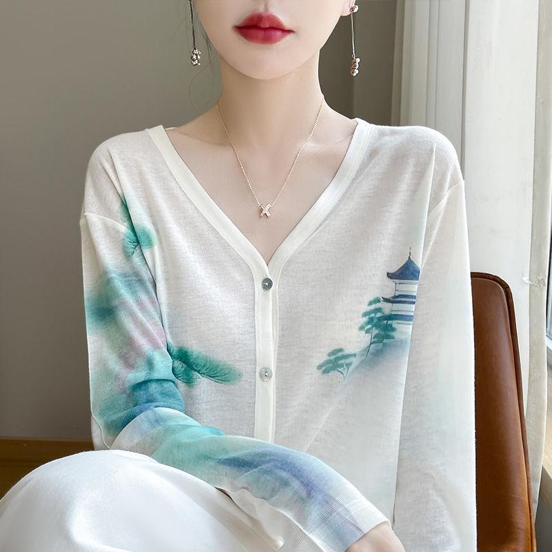 

Женский тонкий кардиган весна-лето шелковый принт трикотажный кардиган куртка длинный рукав свободный солнцезащитный трикотажный топ M