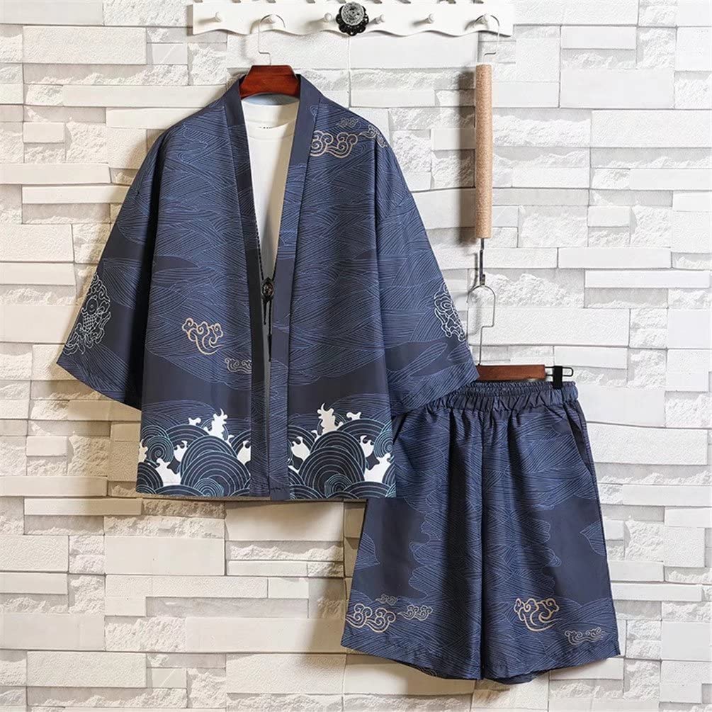 Trysimple Jinbei Short and This Summer Set Is Perfect for Fireworks and Features Include and Wave Patterns Men's Set, Haori, Samue, Cardigan, Sleeves,