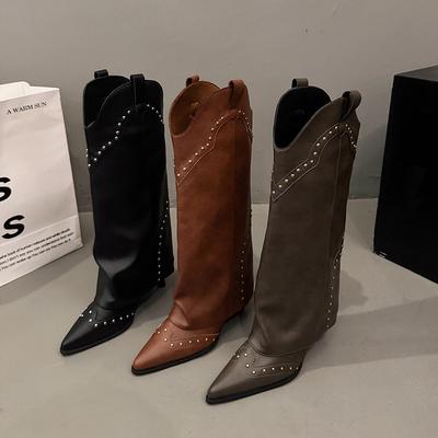 Woman Cowgirl Boots Fashion Slip On Ladies Elegant Square Heel Long Pipe Boots Shoes Retro Women's Winter Footwear