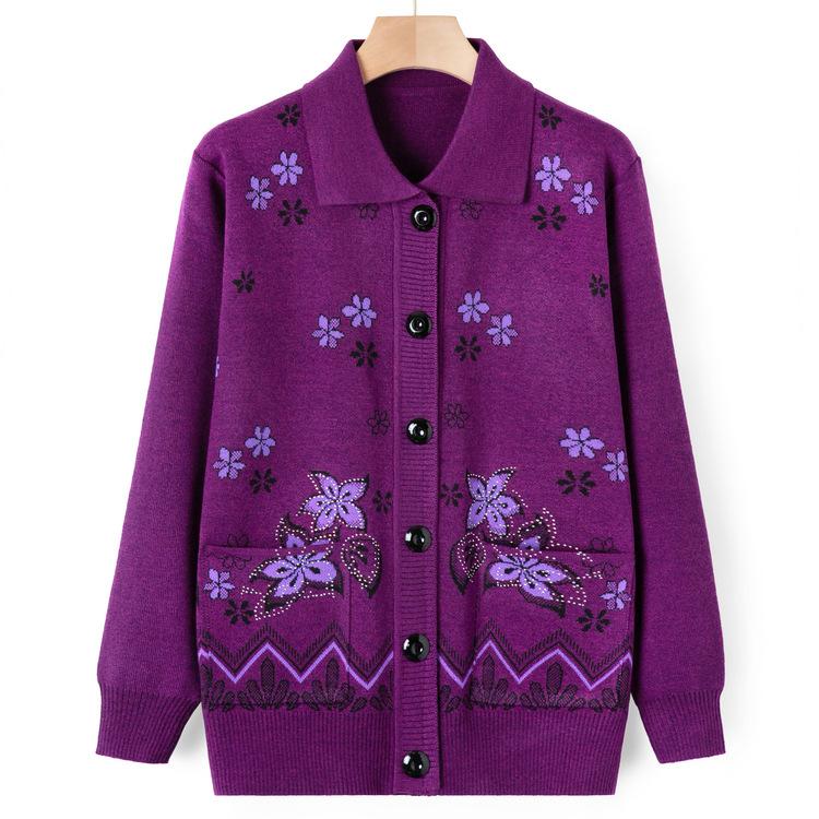 Old Lady Autumn Clothes Lapel Sweater Female Elderly Mother Sweater Jacket Autumn Clothes Mother-in-law Knitted Cardigan