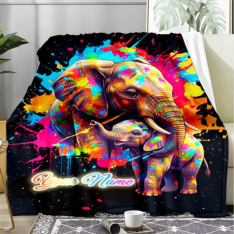 1PC Custom Name Colorful Elephant Family Flannel Blanket Versatile,all-season Throw Suitable for the Living Room,bedroom,camping,travel,and Gift