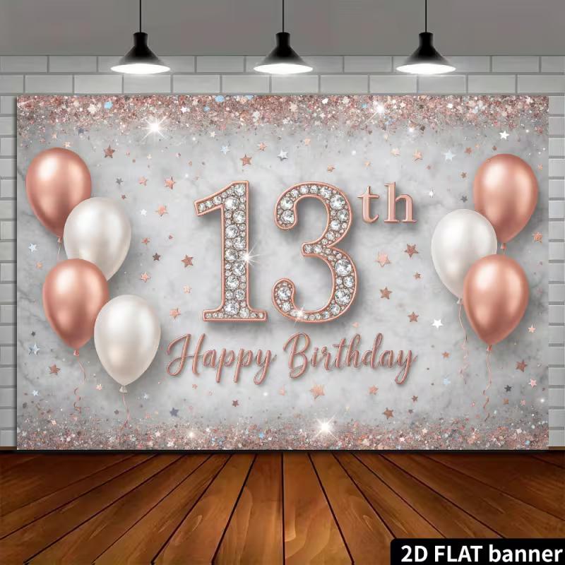 2D Diamond 13th Birthday Backdrop - Rose Gold Glitter Banner for Girls 13th Birthday Photoshoot