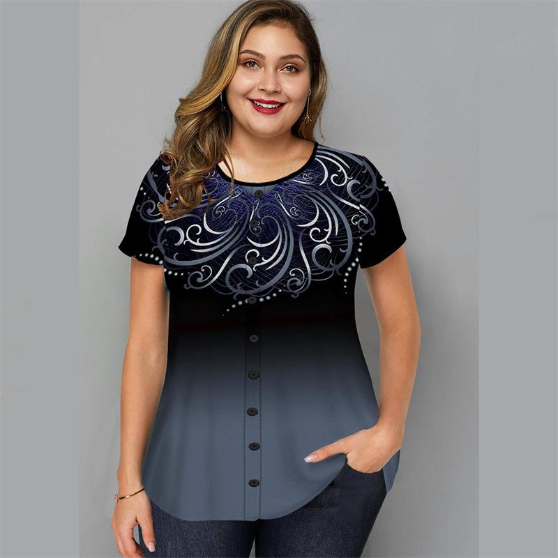Dámská móda Květinový potisk Krátký rukáv Halenky Topy Trička Plus Size 6XL