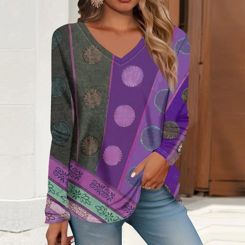 Women's T Shirt Retro Print Long Sleeve Daily Weekend Daily Basic V Neck Regular Fall Winter Tops