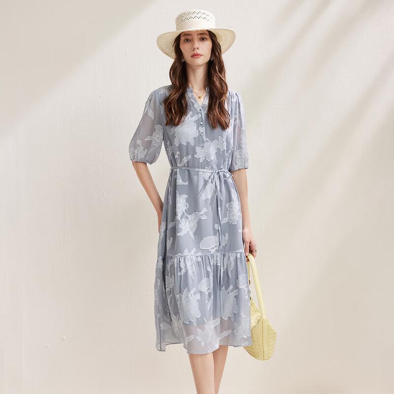 Zhaojun Women's Mulberry Silk Pleated Jacquard Half-Sleeve Dress