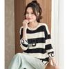 TERRE BLEUE Women's Crew Neck Loose Knit Striped Letter Sweater