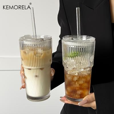 Tasse à café en verre rayé de 600 ml avec couvercle et sans paille de couverture Verres à boire transparents pour jus Tasses à café glacé Verrerie