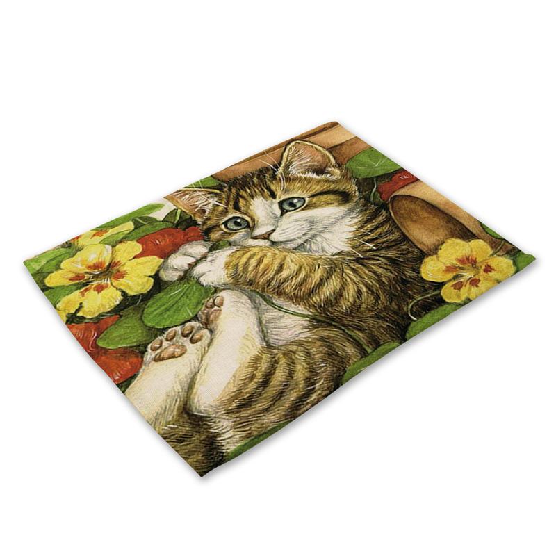 45X30cm Cute Cat Flower Pattern Placemat Dining Table Mats Cotton Linen Drink Coaster Western Pad Cup Mat For Home Decor Gifts