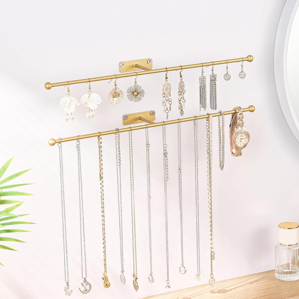 Black Wall Mounted Jewelry Storage Rack Pack of 2 : 12.6-inch Necklace Rack with Screws for Earrings Bracelets Rings Hair Rings Glasses