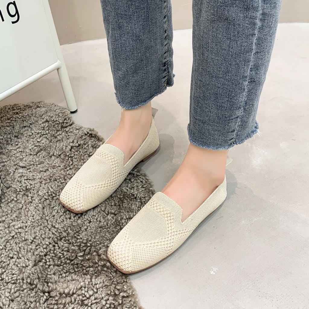 2024 Solid Color Square Toe Mesh Loafers Shallow Women Flats Shoes Soft Bottom Knit Ballet Flats Shoes Casual Slip On Boat Shoes
