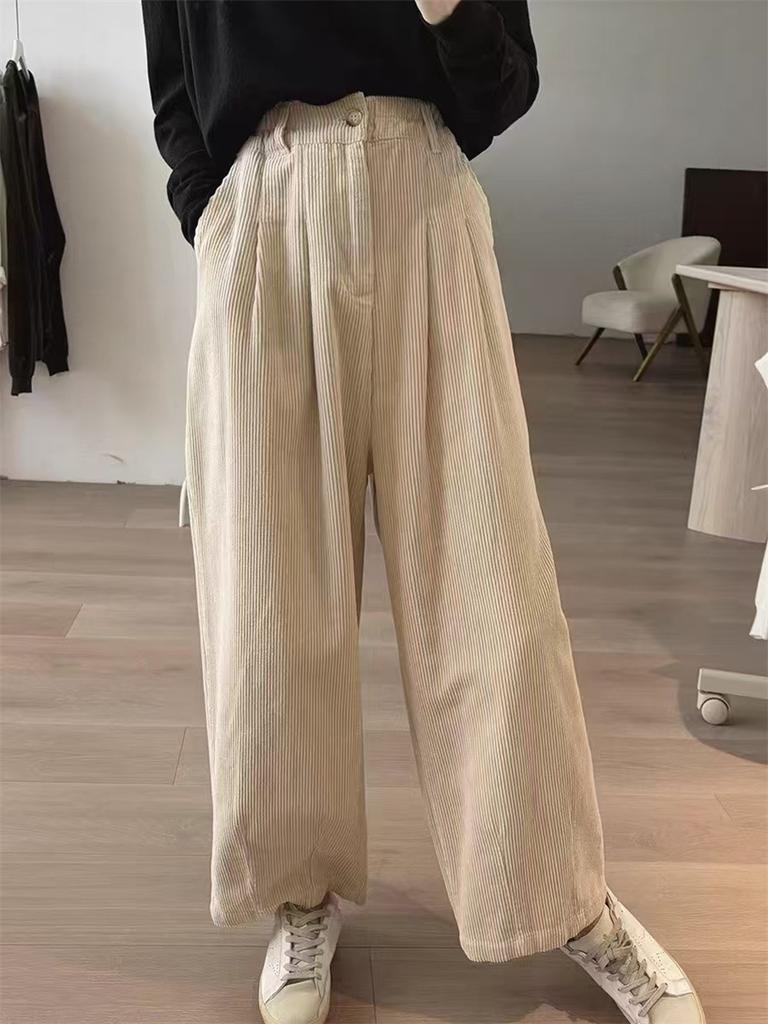 Johnature Einfache Damen Frühling Herbst Lockere Cordhosen Lässig Weitbein Gerade Elastische Taille Hose