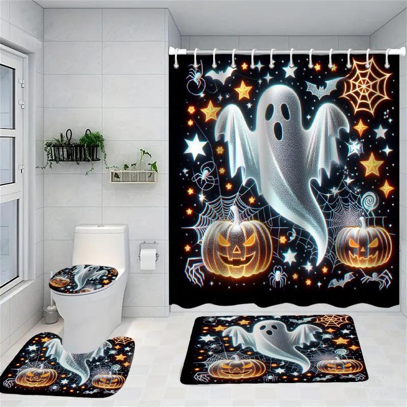 Halloween ghost Skull Pattern Shower Curtain Bath Sets Waterproof Non-Slip Bathroom Rug Toilet U With 12 Hooks Home Deco