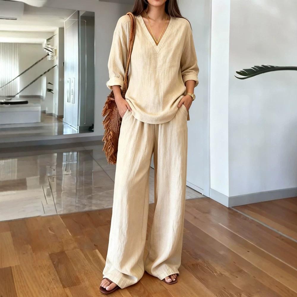 Women V Neck Long Sleeve Lounge Set Casual Wide Leg Pants Two Piece Outfit Solid Color Relaxed Fit
