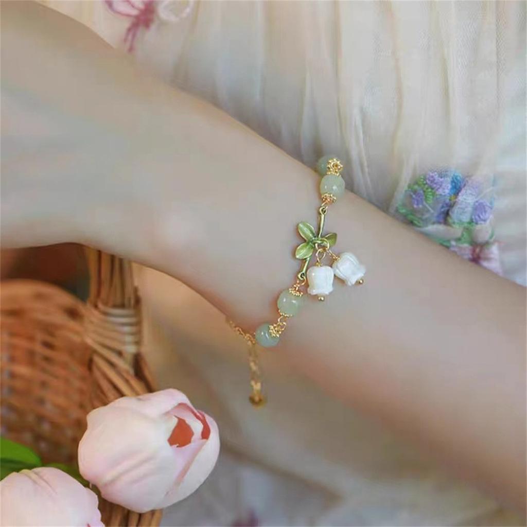 New Sweet Cute Vintage Pearl Lily Tulip Flower Bracelet Women Exquisite Fashion Tassel Peach Pendant Bracelets Trend Jewelry